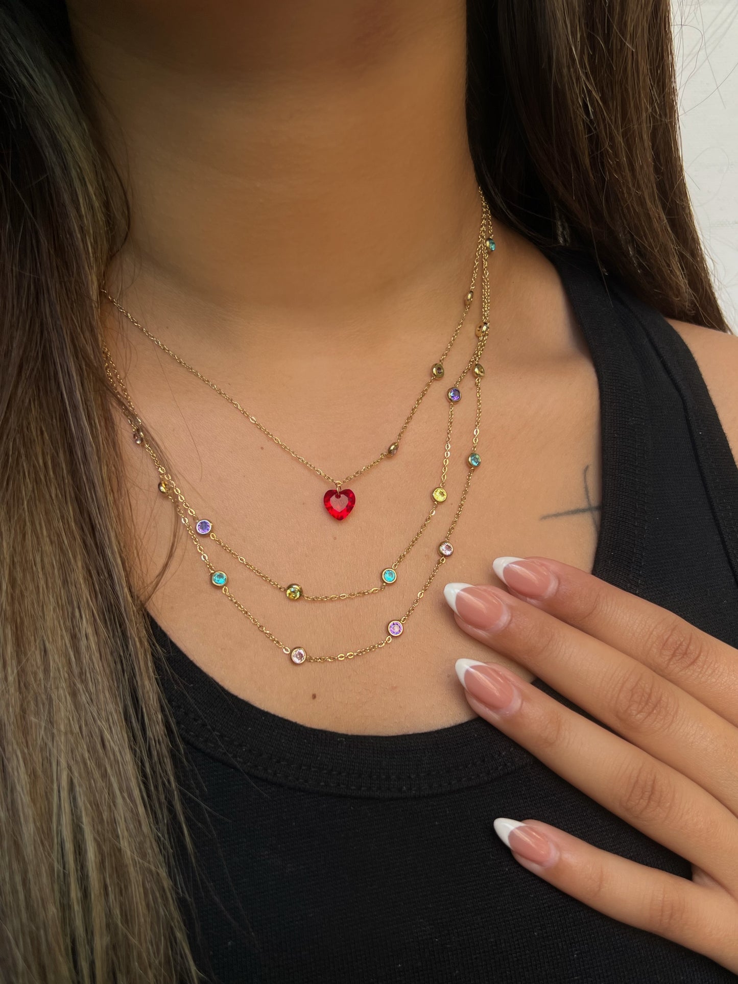 Red Heart Gems Layered Necklace